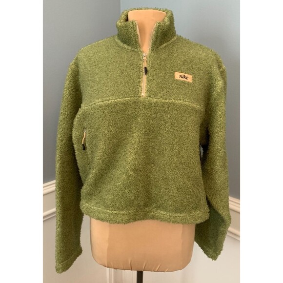 Nike Therma-fit Half Zip Pullover Womens M Fleece Faux Fur Teddy Green - Picture 1 of 10